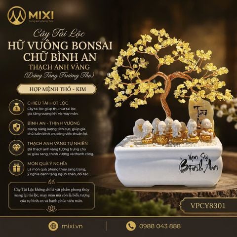 Cây Tài Lộc Hũ Vuông Bon Sai Chữ Bình An Thạch Anh Vàng