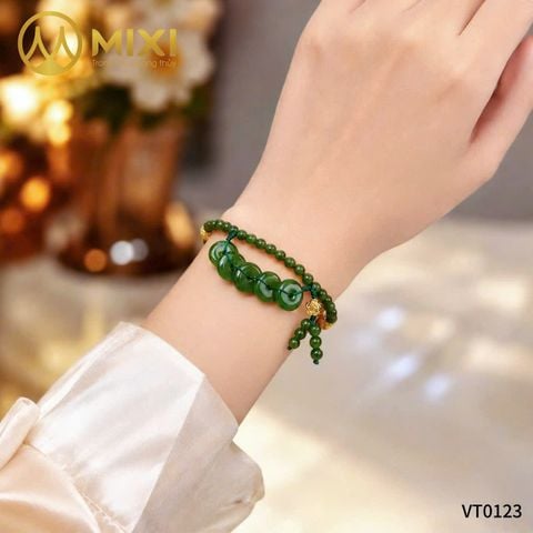 Vòng Tay Ngọc Bích Nephrite Ngũ Điếu 3A Mix Bi Bạc Mạ Vàng Omani