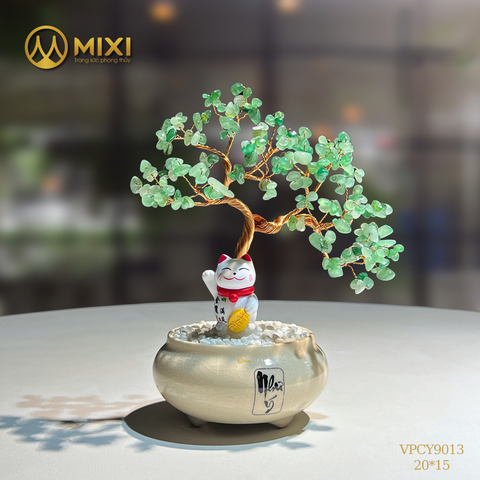 Cây Tài Lộc Chậu Men Chữ Như Ý Thạch Anh Xanh Bon Sai