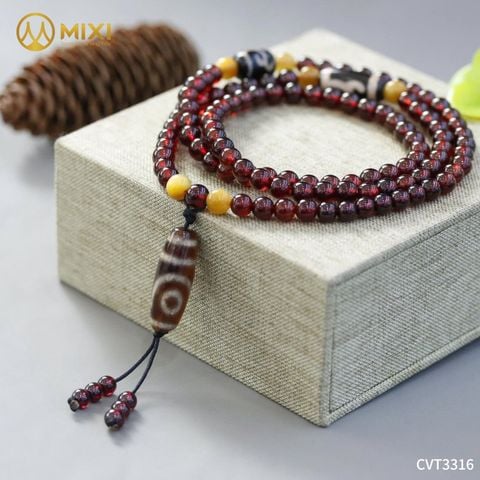 Chuỗi 108 Ngọc Hồng Lựu Granat 2A Mix 3 Dzi