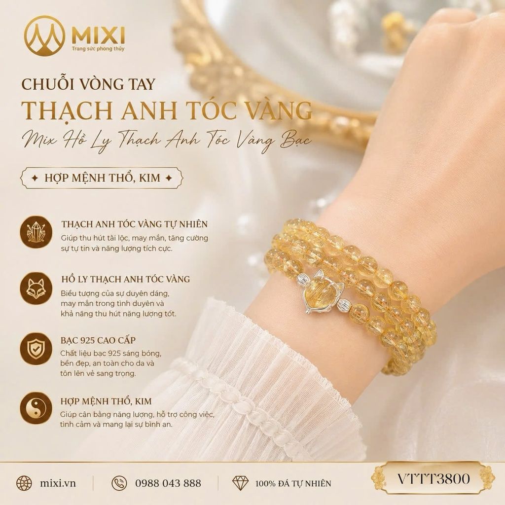 Chuỗi 3 Vòng TA Tóc Vàng 2A Mix Mặt Dây Bọc Bạc Hình Hồ Ly