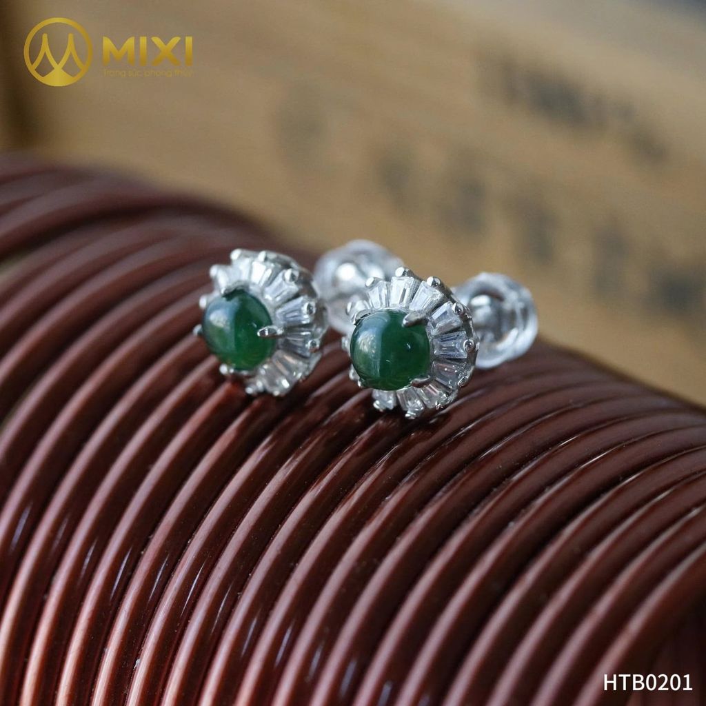 Đôi Hoa Tai Ngọc Jade A Guatemala Bọc Bạc Sủi Đá Cao Cấp