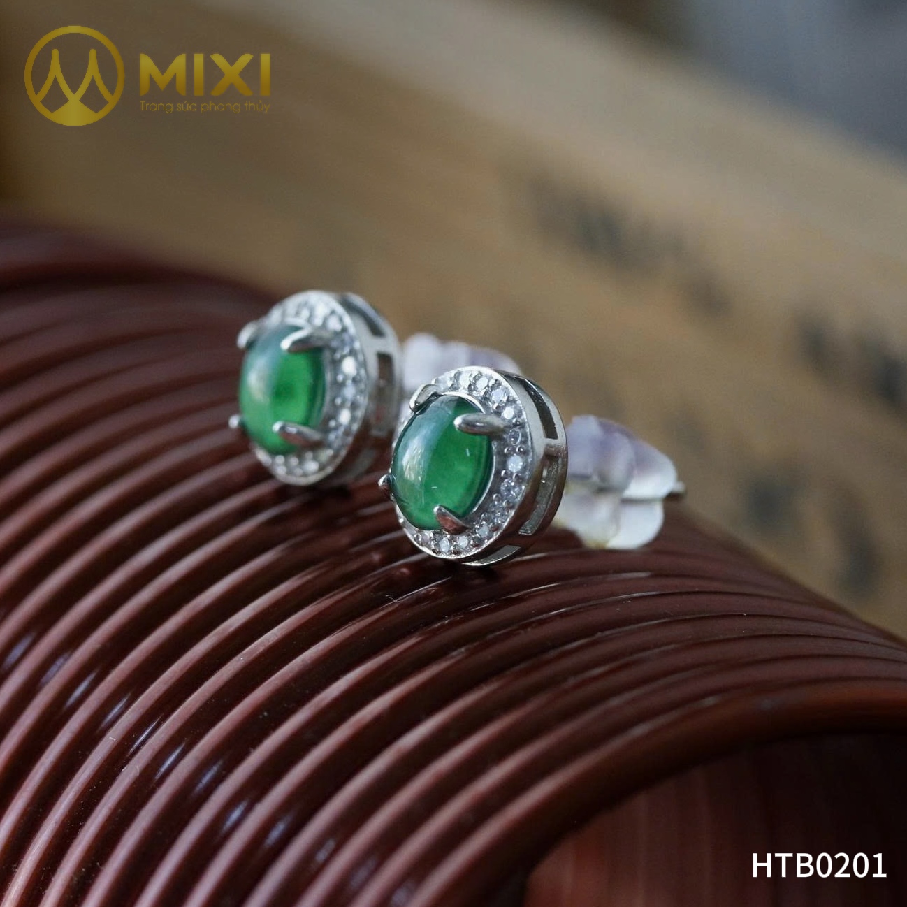 Đôi Hoa Tai Ngọc Jade A Guatemala Bọc Bạc Sủi Đá Cao Cấp