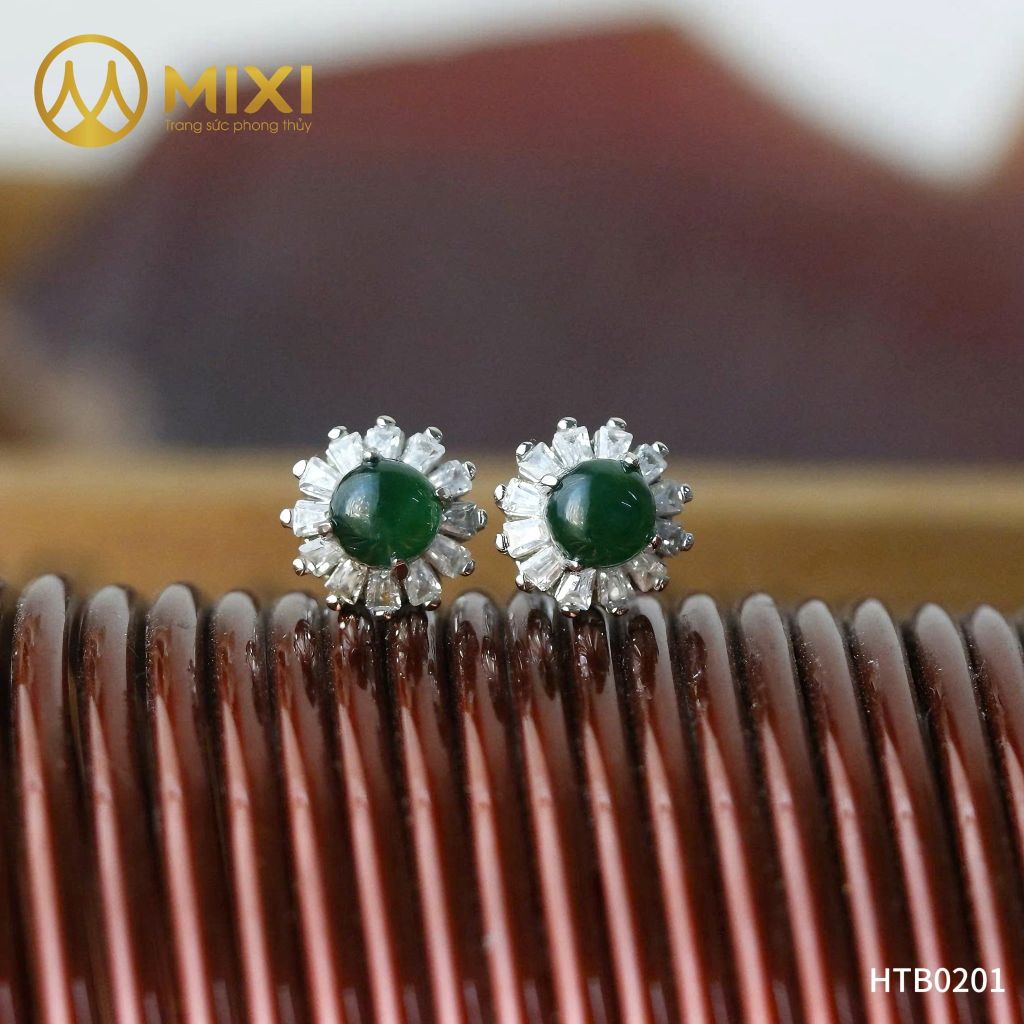 Đôi Hoa Tai Ngọc Jade A Guatemala Bọc Bạc Sủi Đá Cao Cấp