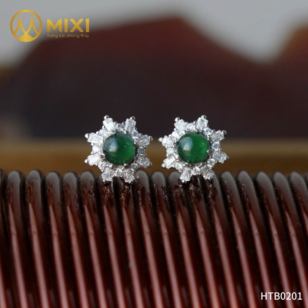 Đôi Hoa Tai Ngọc Jade A Guatemala Bọc Bạc Sủi Đá Cao Cấp