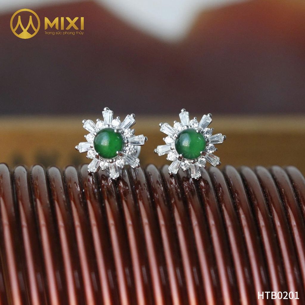 Đôi Hoa Tai Ngọc Jade A Guatemala Bọc Bạc Sủi Đá Cao Cấp