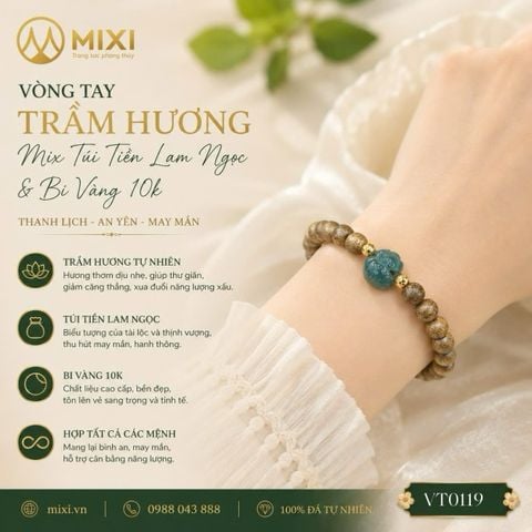 VT Gỗ Trầm Hương Tốc Vườn 1A6 Mix Túi Tiền Lam Ngọc Bi Khía Vàng 10k