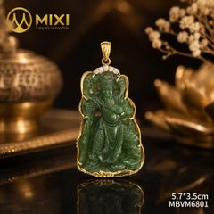 Mặt Dây Quan Công Ngọc Bích Nephrite 2A Bọc Vàng 10K Sủi Đá