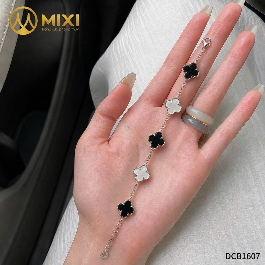 Lắc Tay Bạc Cỏ 4 Lá 3 Mặt Mã Não Đen Mix 2 Mặt Vỏ Trai