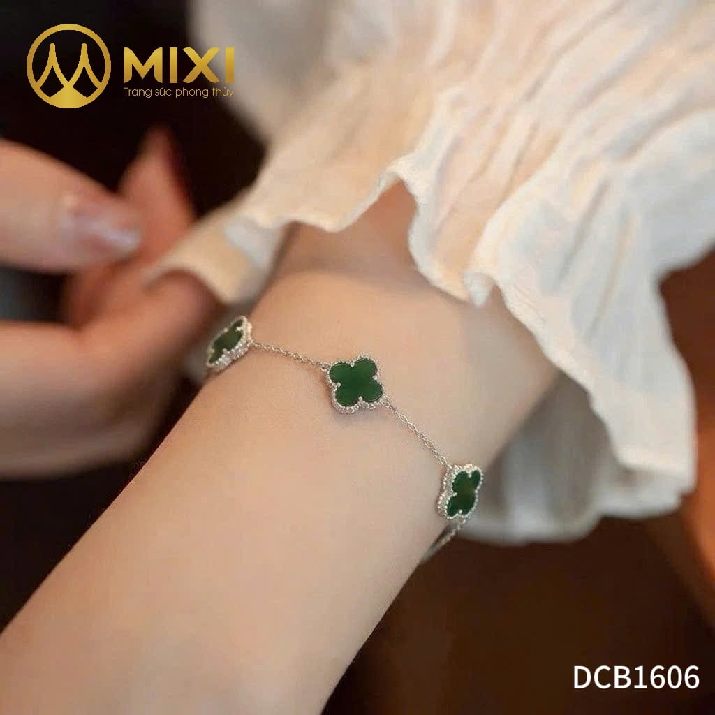 Lắc Tay Bạc Cỏ 4 Lá 5 Mặt Ngọc Bích Nephrite