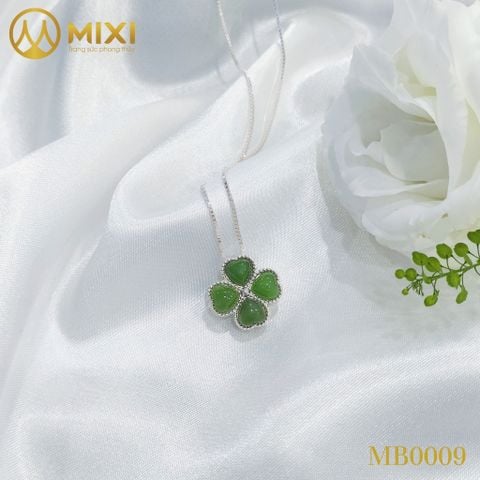 Mặt Dây Cỏ 4 Lá Ngọc Bích Nephrite Bọc Bạc