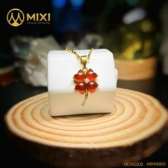 Mặt Dây Cỏ 4 Lá Ngọc Hồng Lựu Granat Tim Bọc Vàng 10K