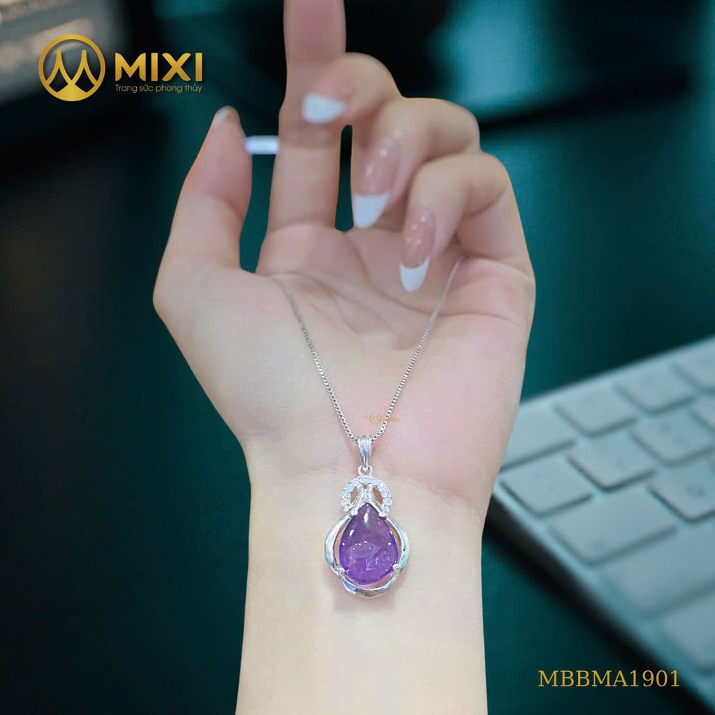 Mặt Dây Đá Thạch Anh Tím Hình Giọt Nước Bọc Bạc