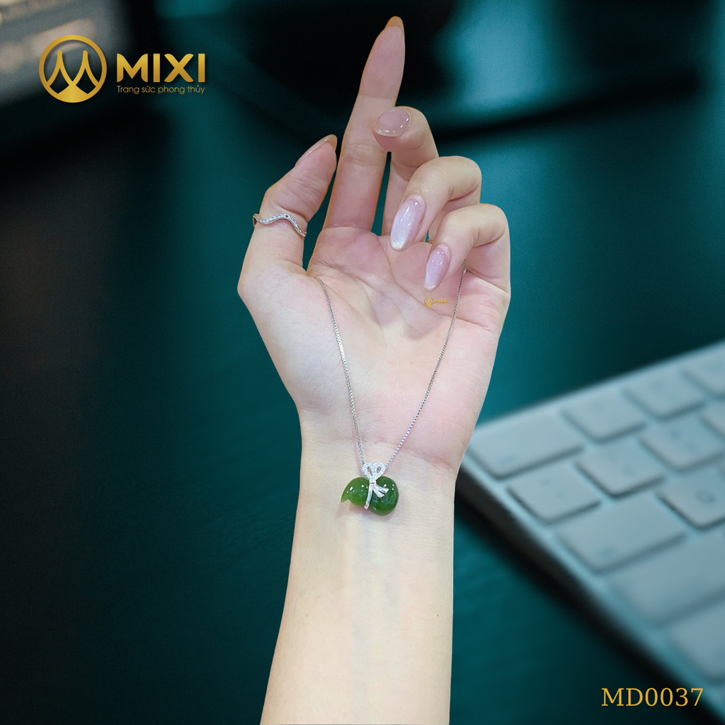 Mặt Dây Hồ Lô Ngọc Bích Nephrite Gắn Nơ Bạc