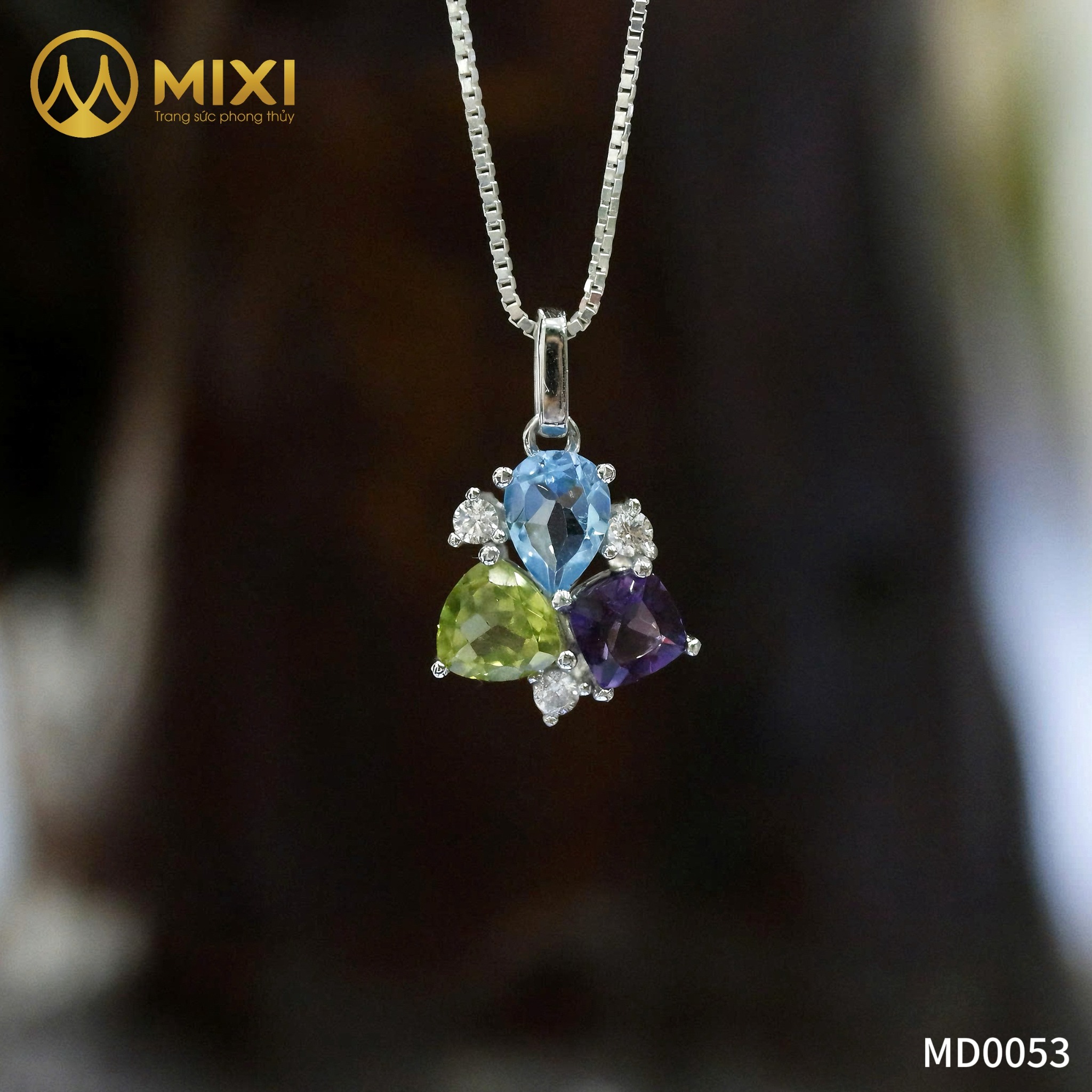 MD Đá Topaz, TA Tím, Peridot Bọc Bạc Xi Vàng Trắng Cao Cấp