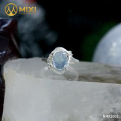 Nhẫn Xi Vàng Trắng Mặt Đá Aquamarine Hình Oval