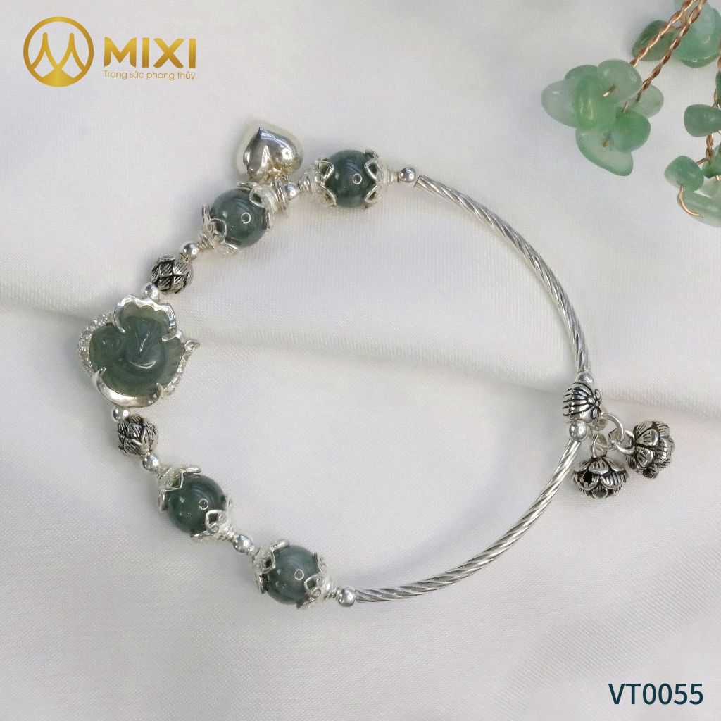 VT Hạt Đá, Hồ Ly Lam Ngọc Ôm Hoa Bọc Bạc Mix Charm Hoa Sen Bạc Thái