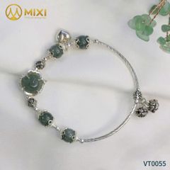 VT Hạt Đá, Hồ Ly Lam Ngọc Ôm Hoa Bọc Bạc Mix Charm Hoa Sen Bạc Thái