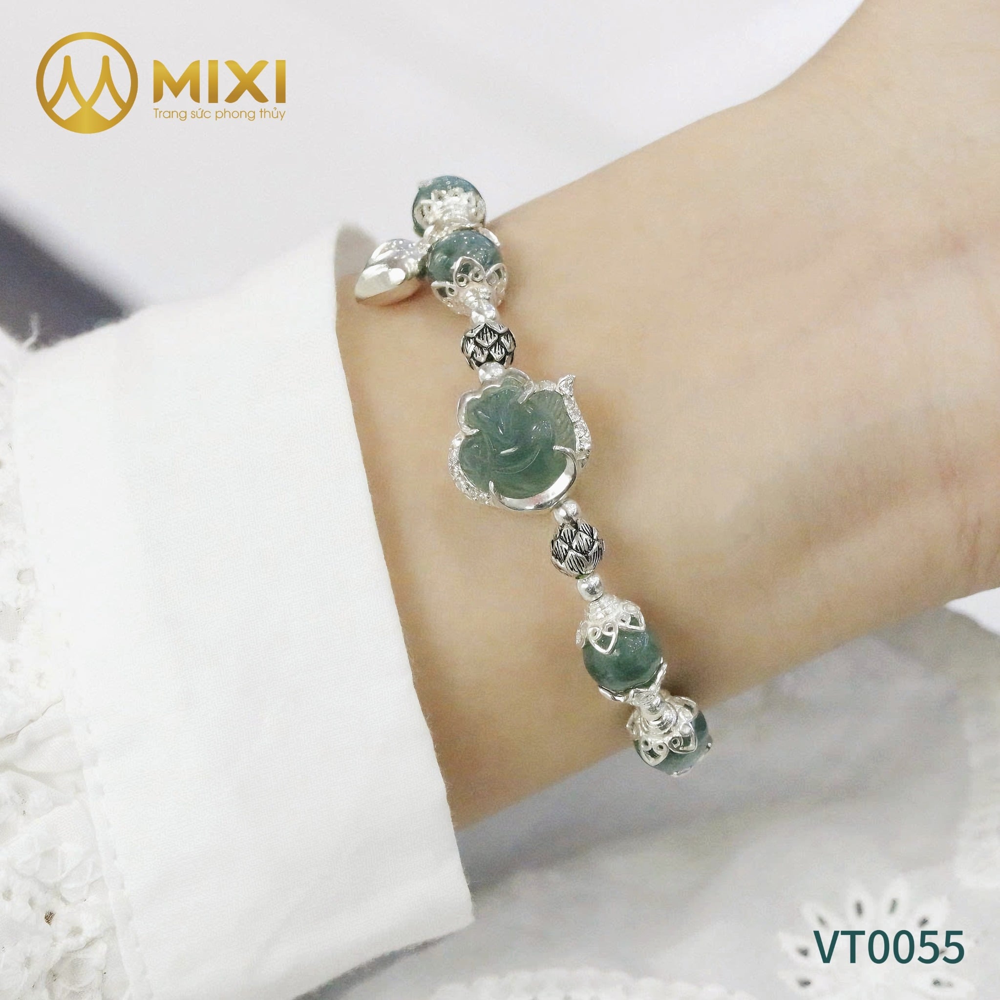 VT Hạt Đá, Hồ Ly Lam Ngọc Ôm Hoa Bọc Bạc Mix Charm Hoa Sen Bạc Thái