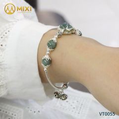 VT Hạt Đá, Hồ Ly Lam Ngọc Ôm Hoa Bọc Bạc Mix Charm Hoa Sen Bạc Thái