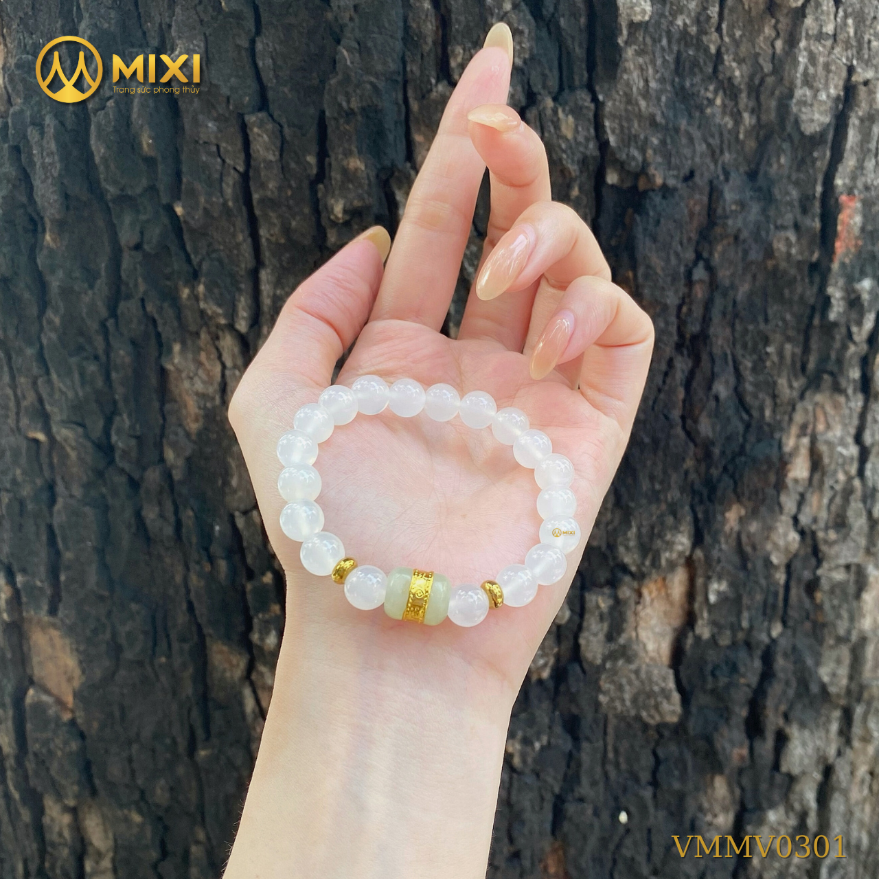 Vòng Tay Mã Não Trắng_8 Mix Lu Thống Nephrite Mạ Vàng