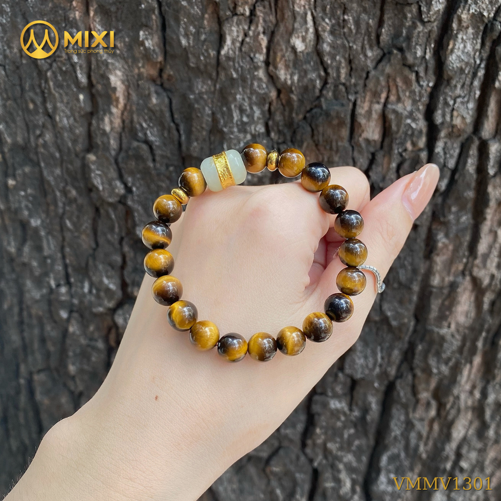 Vòng Tay Mắt Hổ Nâu 2A_8 Mix Lu Thống Nephrite Mạ Vàng