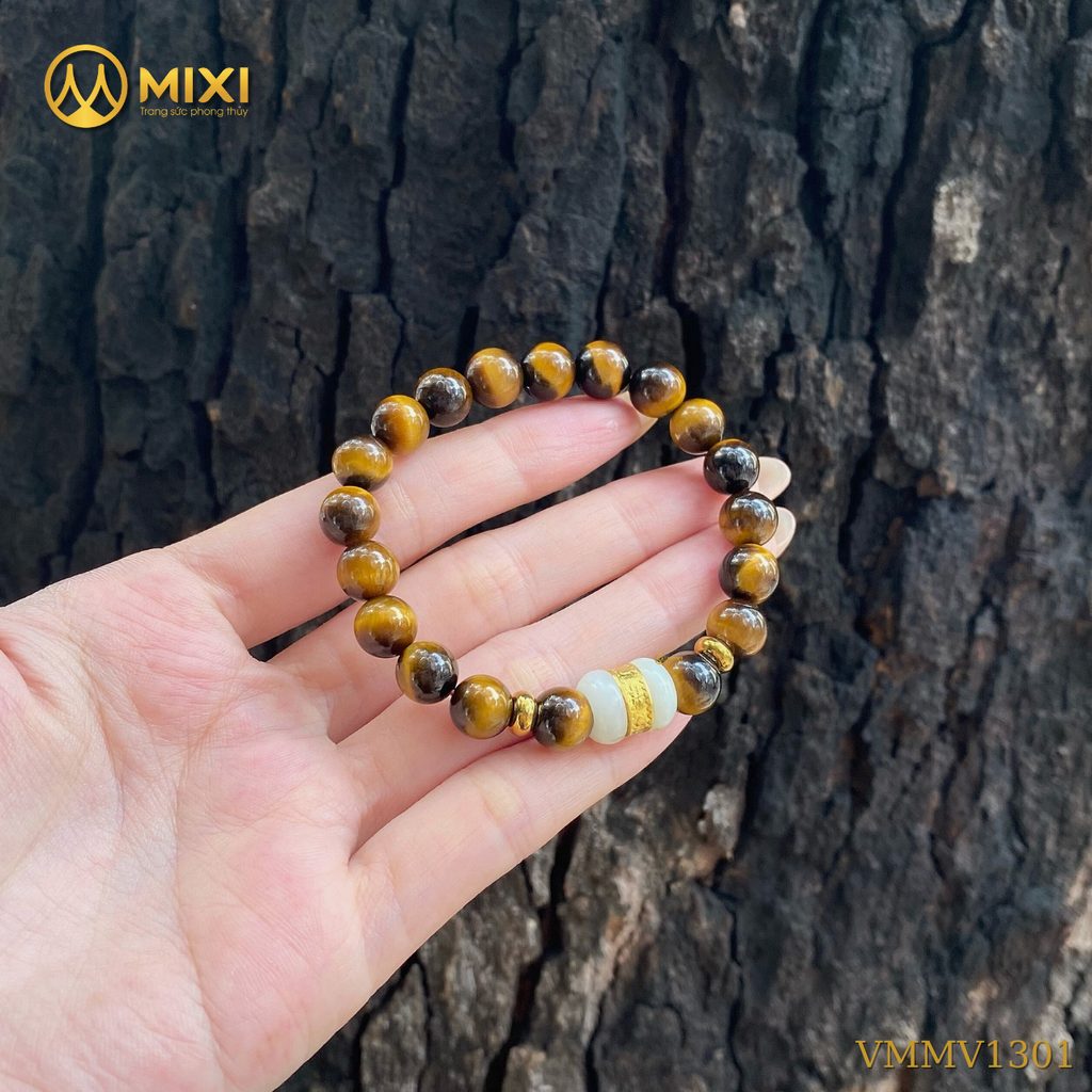 Vòng Tay Mắt Hổ Nâu 2A_8 Mix Lu Thống Nephrite Mạ Vàng