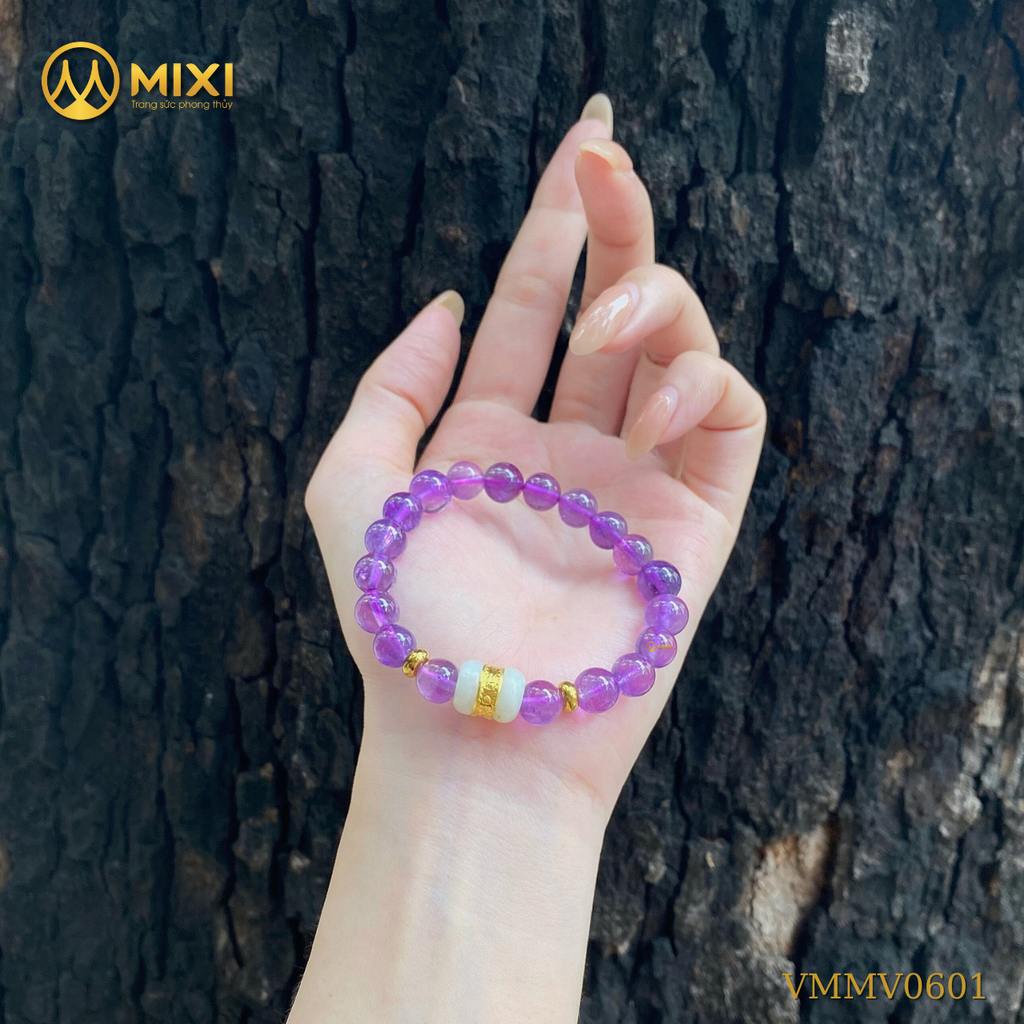 Vòng Tay Thạch Anh Tím 2A_8 Mix Lu Thống Nephrite Mạ Vàng