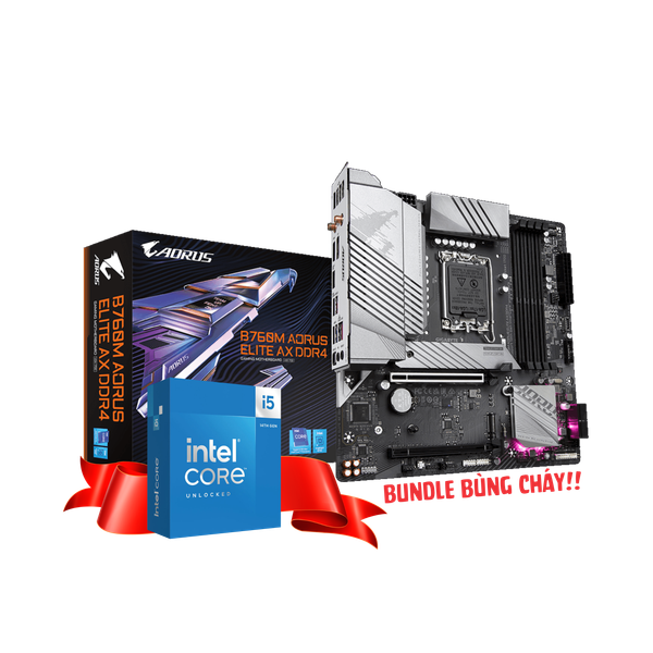 Combo CPU & Mainboard Gaming Bùng Cháy: Intel Core i5-14600K & GIGABYTE B760M AORUS ELITE AX (DDR4, WIFI 6E, Sẵn sàng Ép Xung)