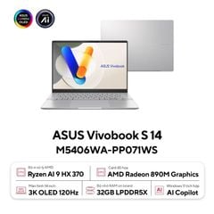 Laptop AI ASUS Vivobook S 14 M5406WA-PP071WS | AMD Ryzen AI 9 HX 370 | 32GB | 1TB