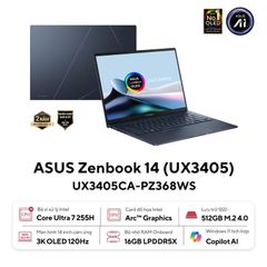 Laptop AI ASUS Zenbook 14 UX3405CA-PZ368WS | OLED Cảm ứng | Intel Ultra 7 255H | 16GB | 512GB