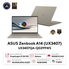 Laptop AI ASUS Zenbook A14 UX3407QA-QD299WS | Snapdragon X | 16GB | 512GB