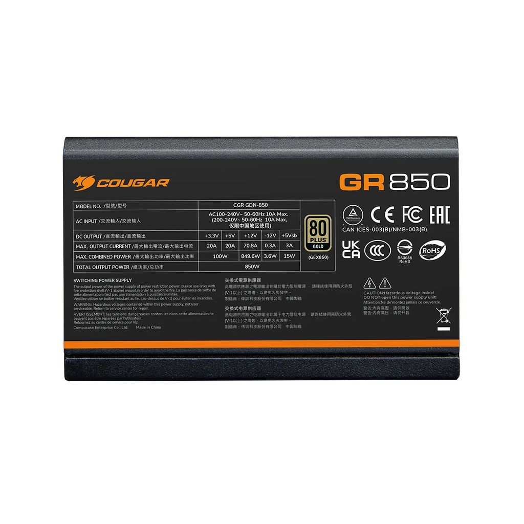 Nguồn máy tính Cougar GR 850 (850W/ ATX 3.1/ 80Plus Gold Fully Modular)