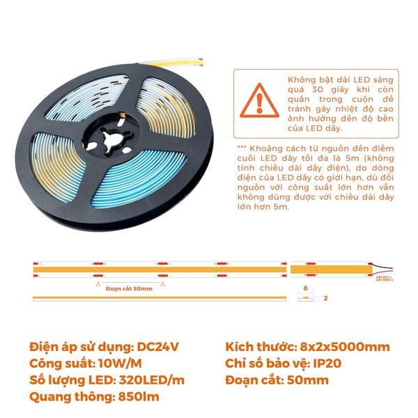 Đèn LED dây COB DC24V 320 led/m Nanoco cuộn 5m model NSTC320*