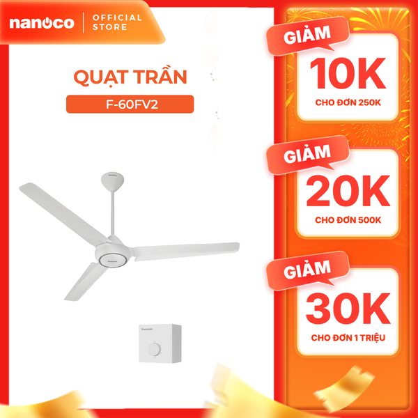 Quạt trần Panasonic model F-60FV2 (màu trắng - 5 chế độ gió - công suất 74W) - KHÔNG GỒM PHÍ LẮP ĐẶT