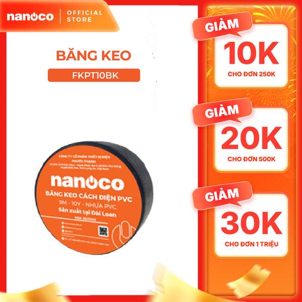 COMBO 10 cuộn băng keo cách điện Nanoco màu đen model: FKPT10BK/ FKPT20BK (10ya/ 20ya)