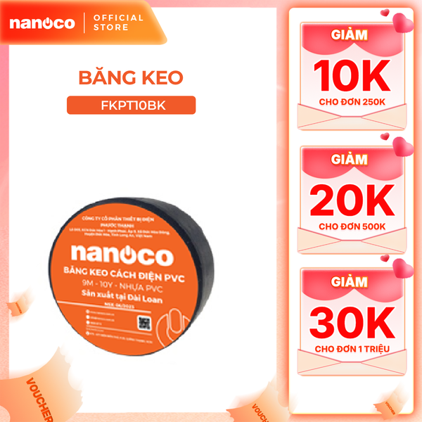COMBO 10 cuộn băng keo cách điện Nanoco màu đen model: FKPT10BK/ FKPT20BK (10ya/ 20ya)