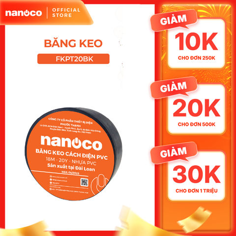 COMBO 10 cuộn băng keo cách điện Nanoco màu đen model: FKPT10BK/ FKPT20BK (10ya/ 20ya)