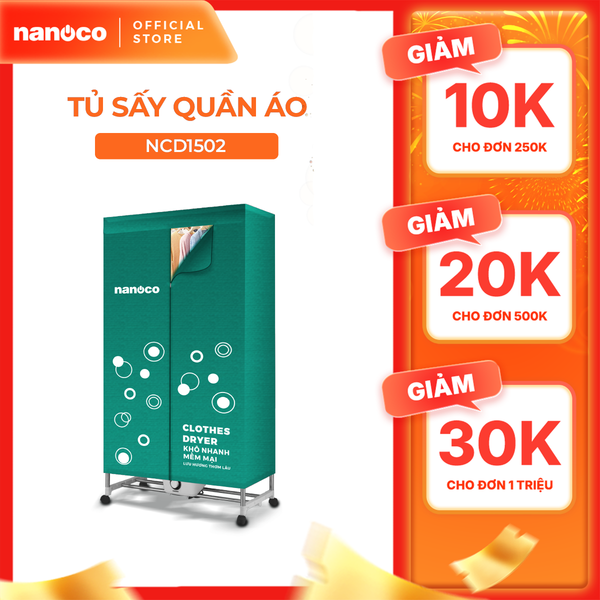 Tủ sấy quần áo Nanoco Model NCD1502 màu xanh, công suất 1500W, (sức chứa ≤ 20kg)