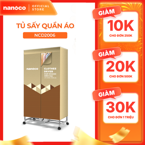 Tủ sấy quần áo Nanoco Model NCD2006, màu vàng nâu, công suất 2000W, (sức chứa ≤ 30kg)