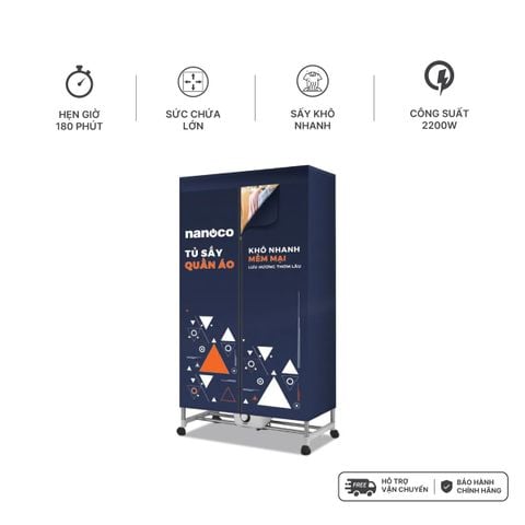 Tủ sấy quần áo công suất lớn Nanoco NCD2207 - Công suất 2200W sấy cực nhanh, Sức chứa < 50kg, Bảo vệ quần áo