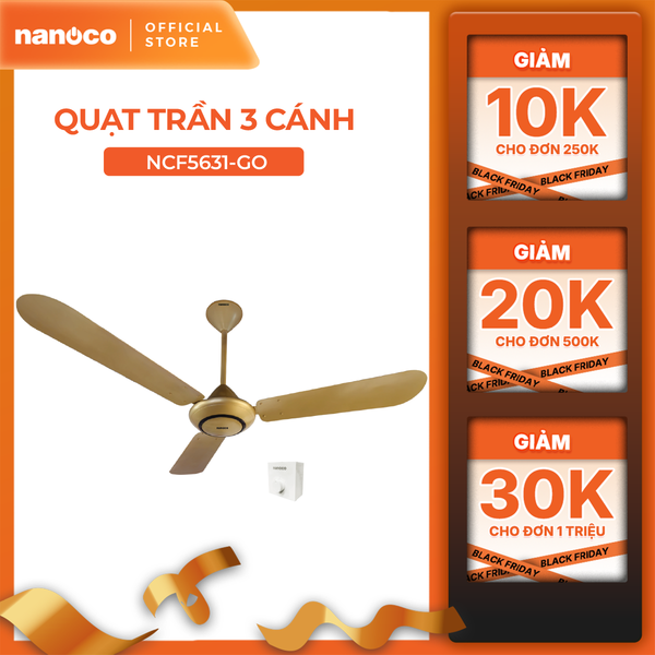 Quat trần Nanoco model NCF5631-GO ( màu vàng đồng, 2 chế độ gió, 80W) - KHÔNG BAO GỒM LẮP ĐẶT