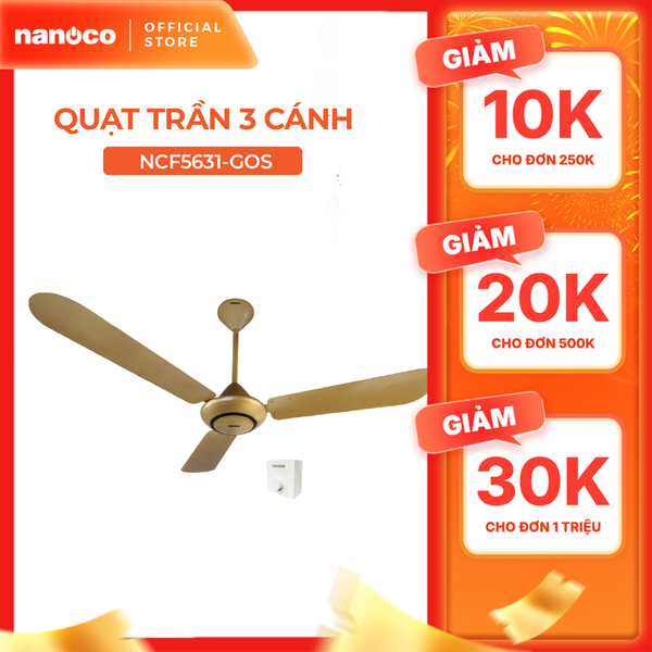 Quat trần Nanoco model NCF5631-GO ( màu vàng đồng, 2 chế độ gió, 80W) - KHÔNG BAO GỒM LẮP ĐẶT