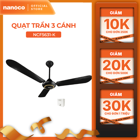 Quat trần Nanoco model NCF5631-K ( màu đen, 2 chế độ gió, 80W) - KHÔNG BAO GỒM LẮP ĐẶT