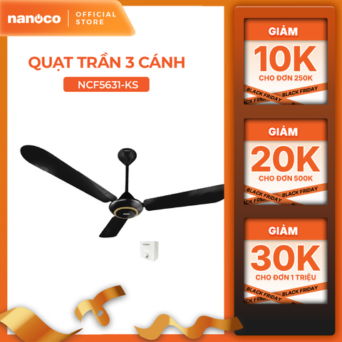 Quat trần Nanoco model NCF5631-K ( màu đen, 2 chế độ gió, 80W) - KHÔNG BAO GỒM LẮP ĐẶT
