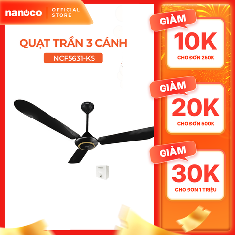 Quat trần Nanoco model NCF5631-K ( màu đen, 2 chế độ gió, 80W) - KHÔNG BAO GỒM LẮP ĐẶT