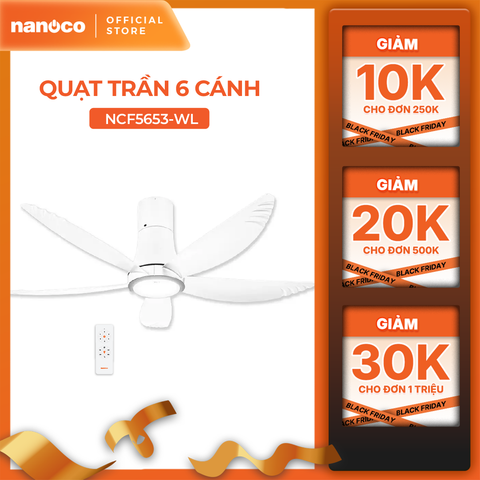 Quạt trần 5 cánh - Đèn Led có remote Nanoco model NCF5653-WL ( Công suất 69W, động cơ DC)