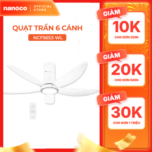 Quạt trần 5 cánh - Đèn Led có remote Nanoco model NCF5653-WL ( Công suất 69W, động cơ DC)