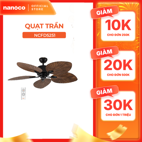 Quạt trần trang trí vân gỗ 5 cánh động cơ DC có remote Nanoco model NCFD5251 công suất 35W