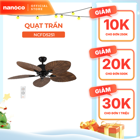 Quạt trần trang trí vân gỗ 5 cánh động cơ DC có remote Nanoco model NCFD5251 công suất 35W
